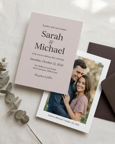 Classic vertical invitation with photo on back