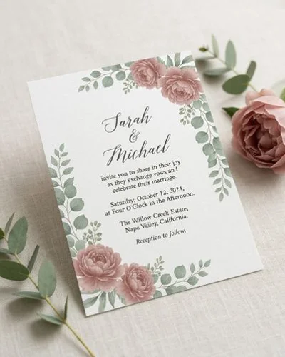 Floral wedding invitation design with dusty rose and greenery