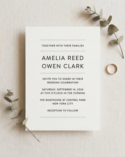Modern minimalist wedding invitation with sage green