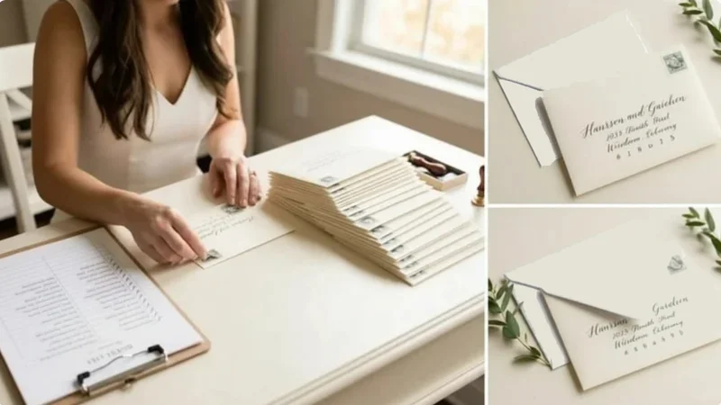 Provo bride organizing addressed wedding invitations ready to mail